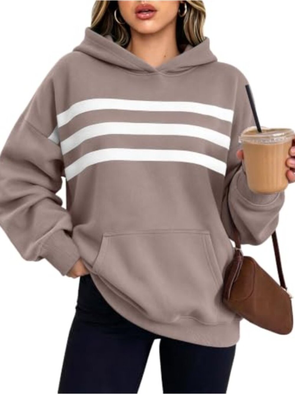 Oversized Striped Hoodie Pullover Kangaroo Pocket Drop Shoulder